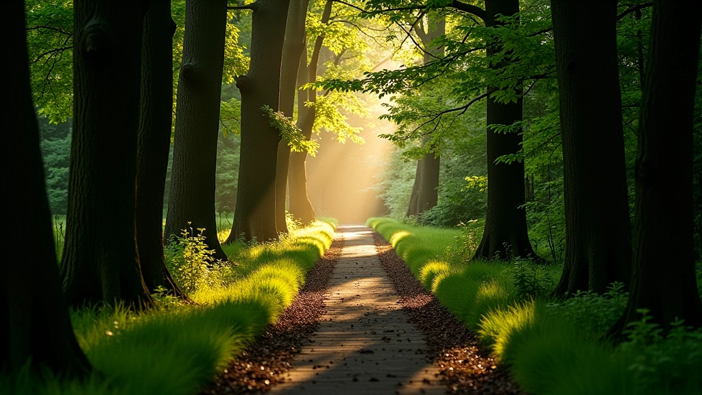 Forest trail winding through woodland with dappled sunlight showing the gentle path suitable for paced hiking through nature