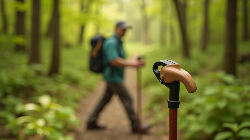 Person holding walking pole on forest trail, proper hiking posture demonstrated in natural woodland
