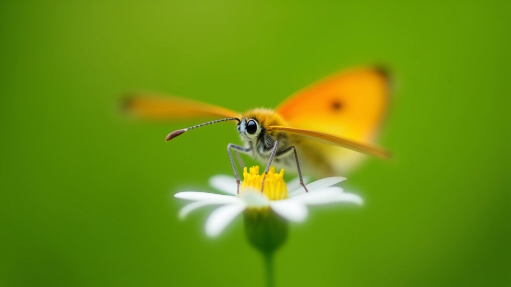 Close-up macro photography of orange-tip butterfly on white wildflower bloom, soft natural light, garden/woodland setting, shallow depth of field, sharp focus on butterfly wings