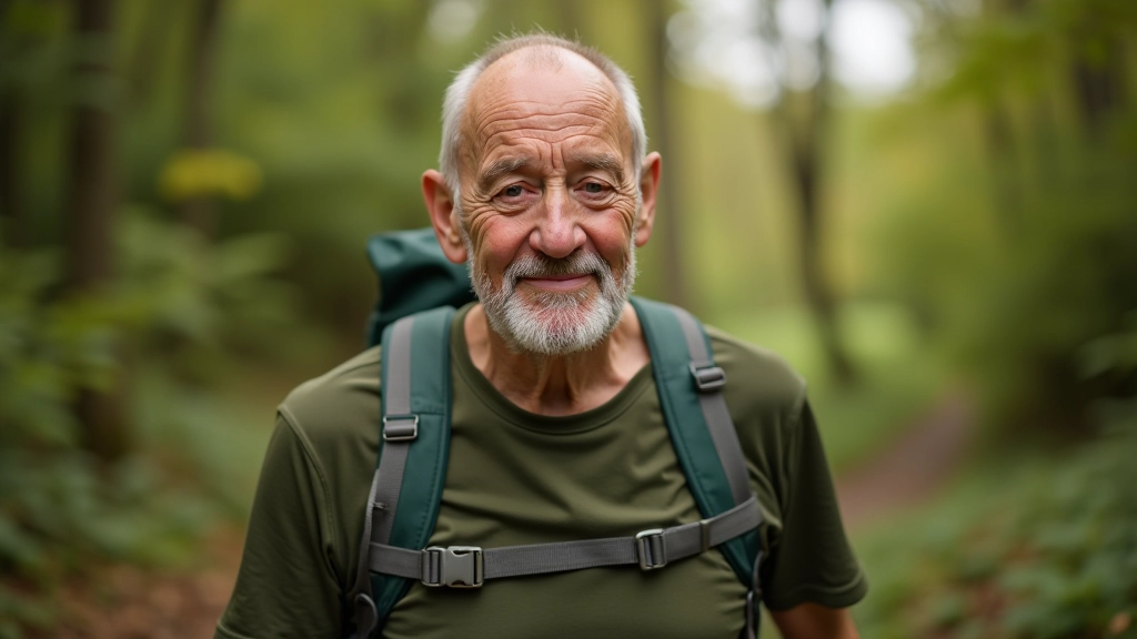 Man aged 62, portrait from chest up, friendly expression, outdoor woodland setting, natural light, sharp focus