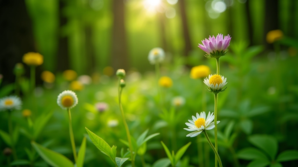 Close-up of native wildflowers and plants along forest floor in natural woodland setting