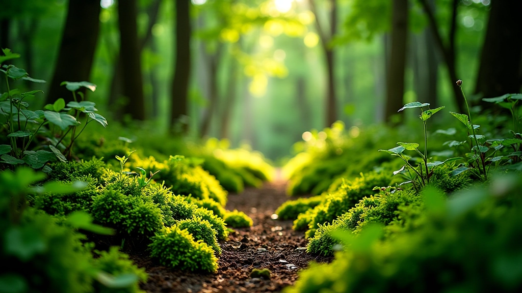 Woodland forest floor showing moss-covered ground, ferns, and scattered wildflowers, dappled sunlight through canopy, natural green tones, sharp detail