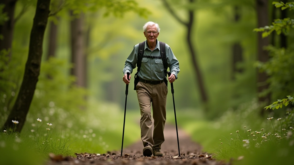 Senior hiker walking on forest trail using two poles with proper body positioning and stride technique demonstrated