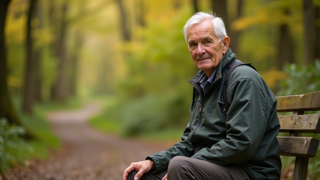 Older adult hiker with walking poles sitting on wooden bench with arms relaxed, forest path background, afternoon light