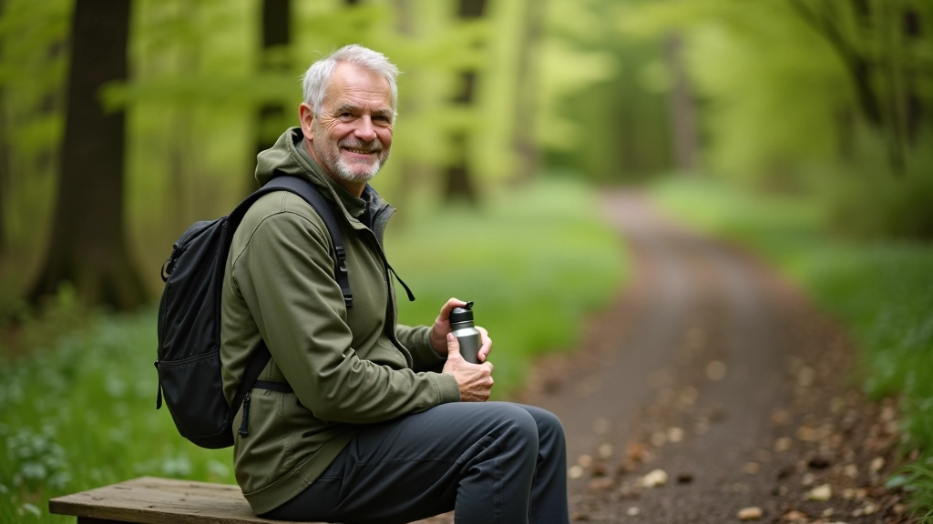 Hiker resting on bench beside woodland trail with water bottle and comfortable seated position