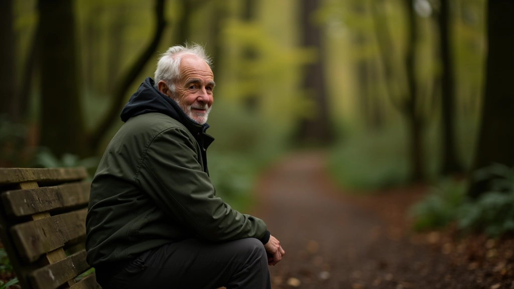 Senior hiker aged 65 fully clothed in hiking gear, pausing at a wooden bench on forest trail, looking at scenery
