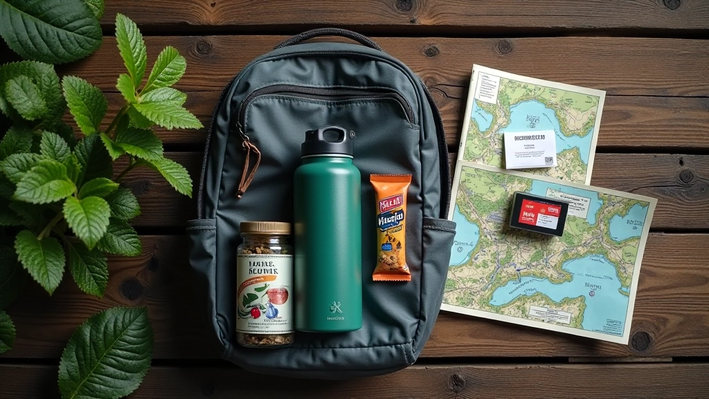 Small backpack with hiking essentials laid out including water bottle, snacks, map, and first aid supplies