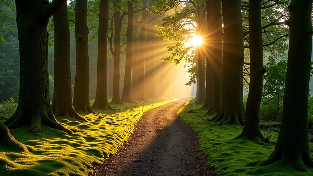 Peaceful forest path with golden light filtering through mature trees, soft moss ground, winding trail
