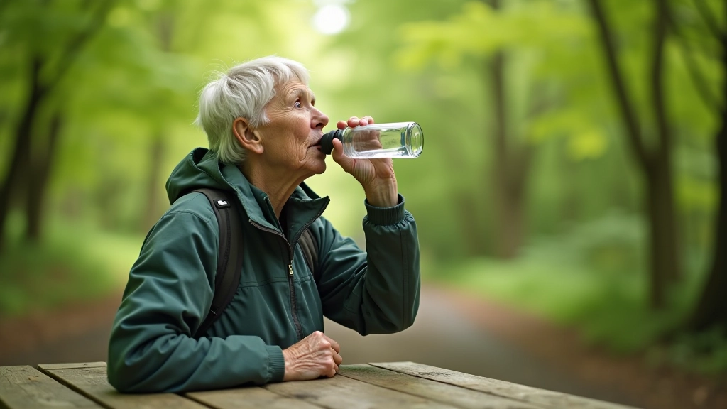 Person drinking water from reusable bottle at outdoor wooden table, shaded forest area, natural daylight
