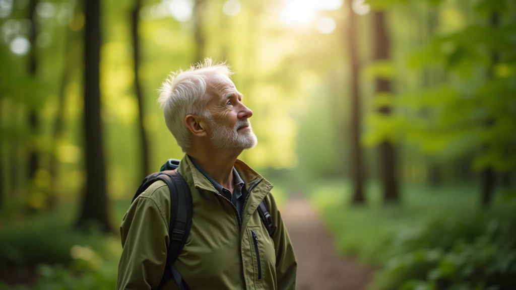 Senior hiker pausing on woodland trail to observe bird in tree canopy, forest background with dappled light filtering through leaves