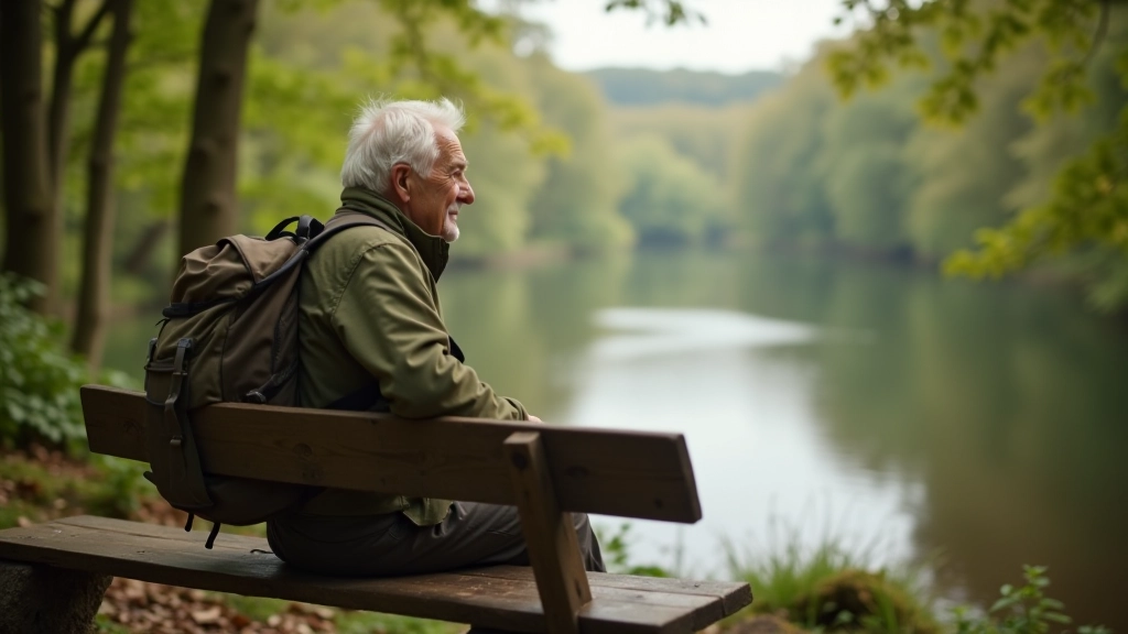 Senior hiker resting on wooden bench overlooking calm lake through trees, peaceful water view