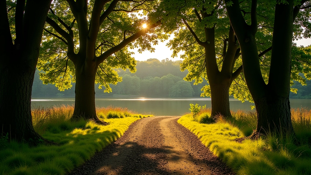 Serene woodland lake path with mature trees and golden afternoon light, peaceful natural setting