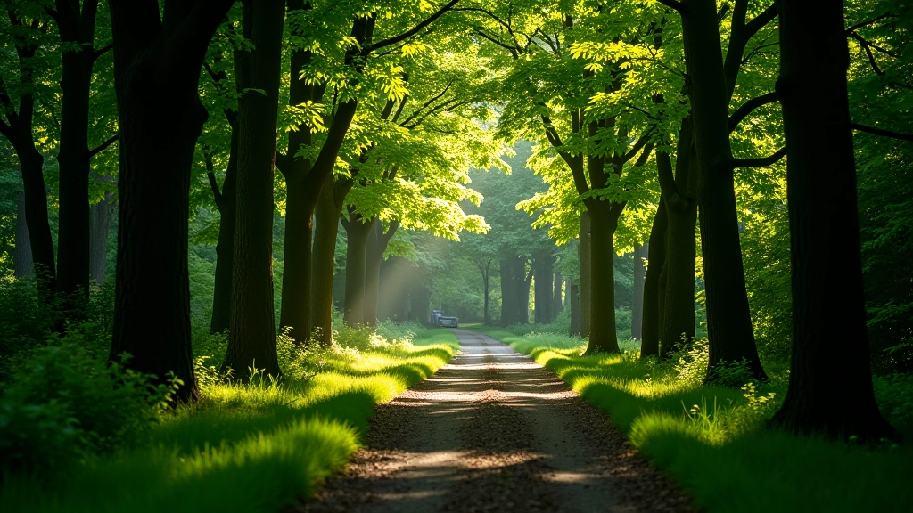 Shaded forest canopy with dappled light on ground, peaceful woodland interior with green vegetation