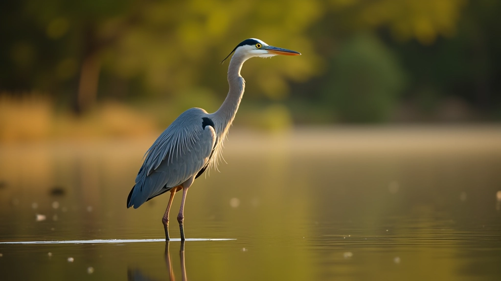 Great blue heron standing in shallow water by lakeside, reflected in still water, early morning golden light, forest background, sharp focus