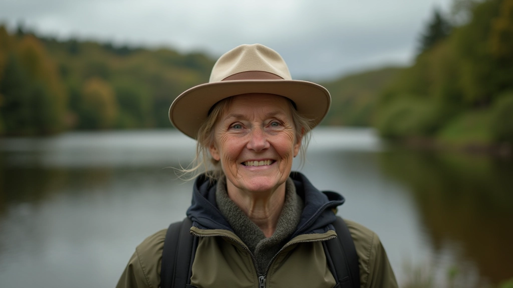 Woman aged 55, portrait from chest up, confident pose, outdoor scenic background, natural lighting, sharp focus