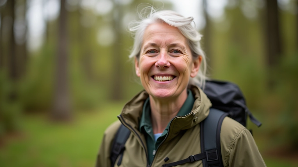 Woman aged 58, portrait from chest up, warm smile, outdoor park setting, natural lighting, sharp focus