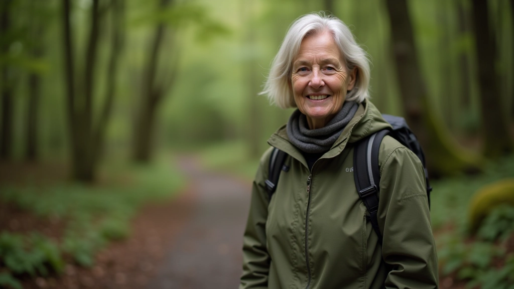 Older adult wearing layered hiking clothing including waterproof jacket, standing on woodland path with confidence