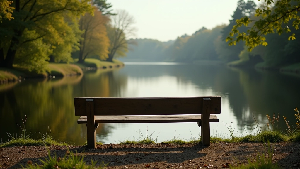 Wooden bench facing calm lake with tree reflections in water, peaceful lakeside woodland setting, natural lighting
